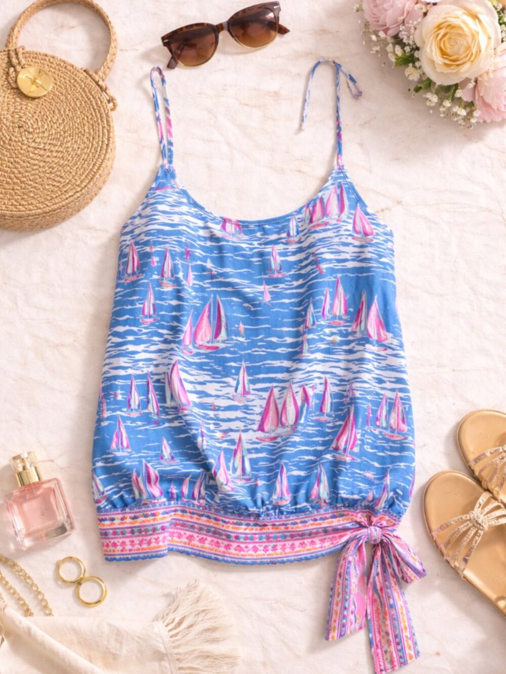Lilly Pulitzer Sailboat Print Tank Top XXS Blue Pink Tie Hem Cami